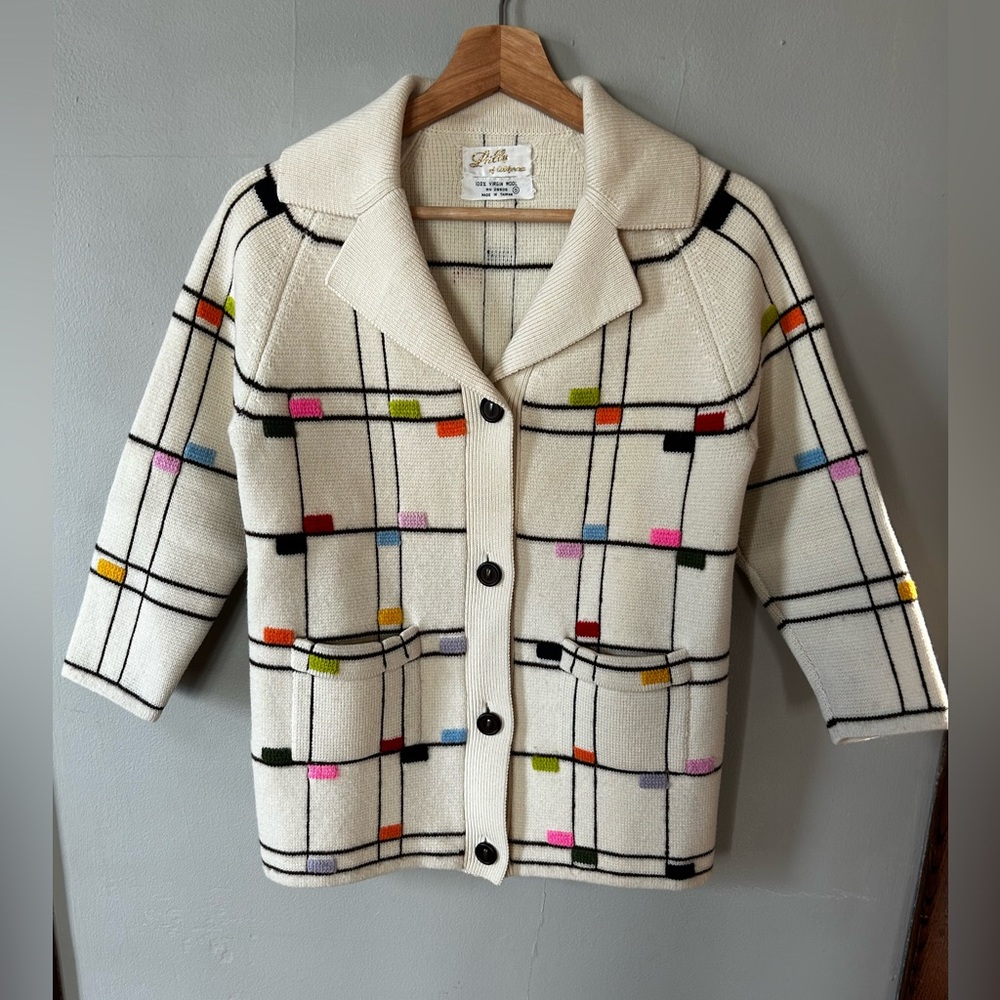 Vintage Lilly of California Sweater wool Cardigan w/ Wood & metal buttons-Sz S